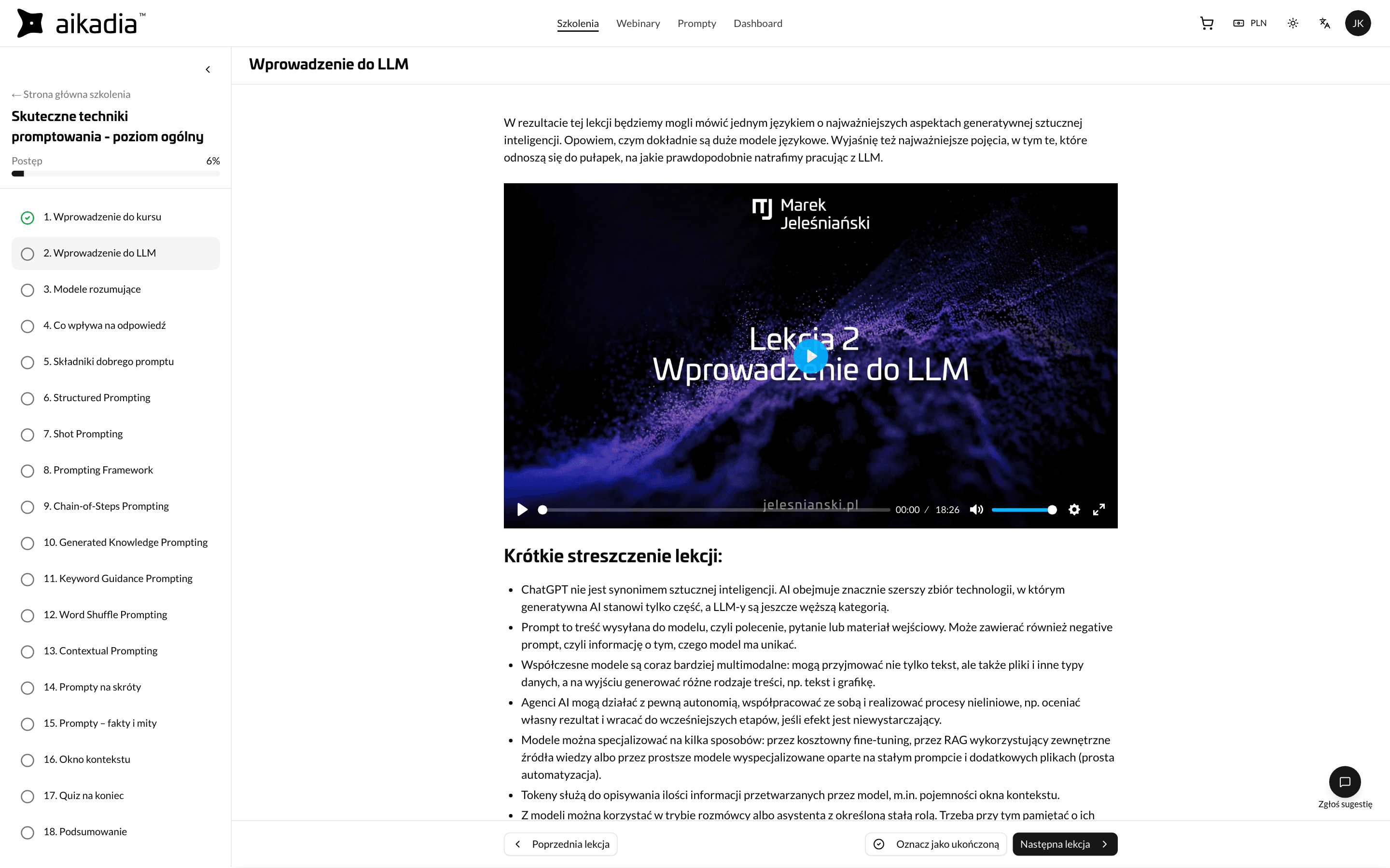 A course lesson: the video, a summary and the lesson list with progress